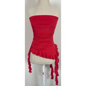 Thirty/Thirty Red Strapless Ruched Ruffle Red Tank Top